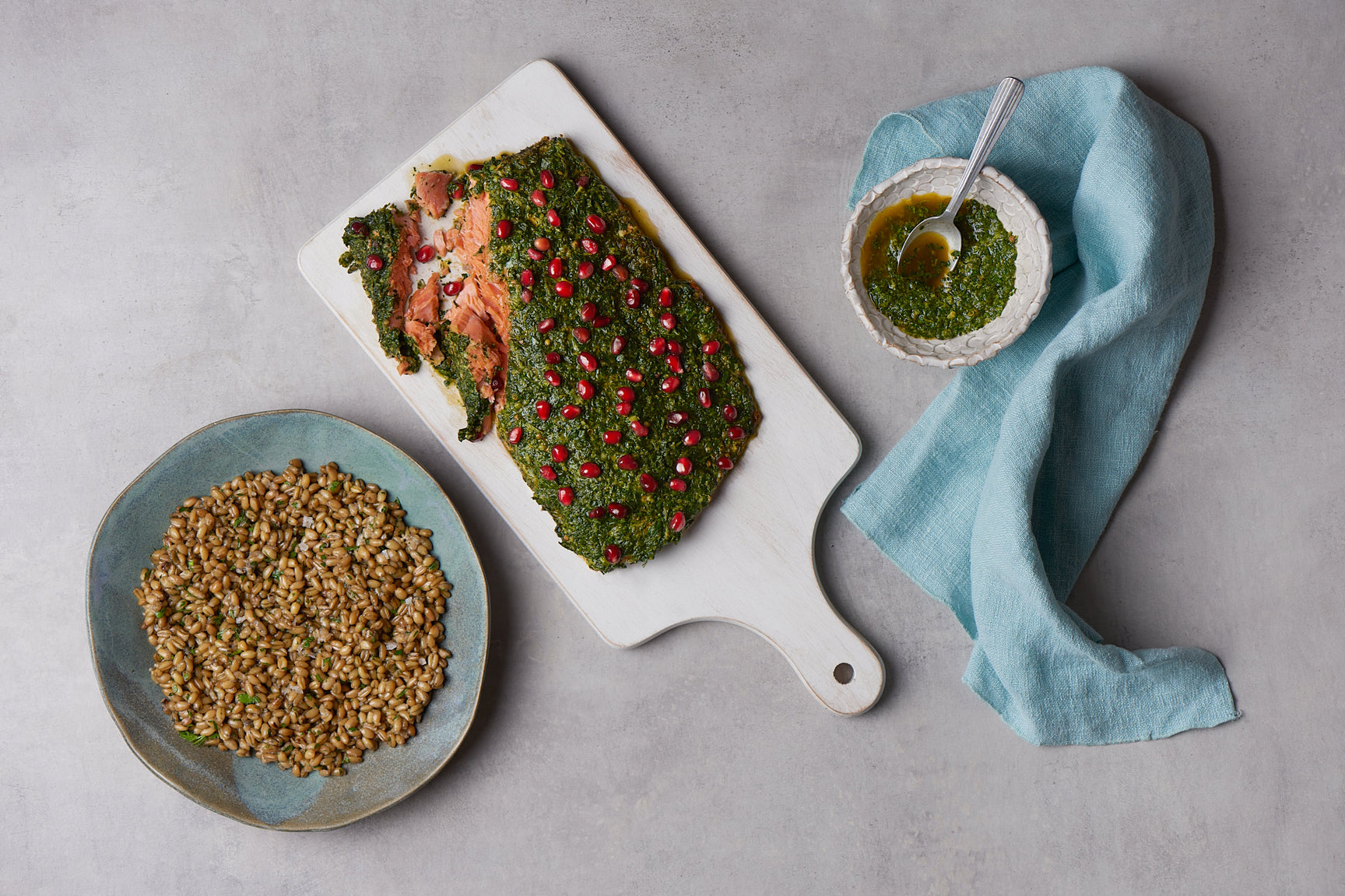 Chermoula-baked sockeye salmon side with pomegranate
