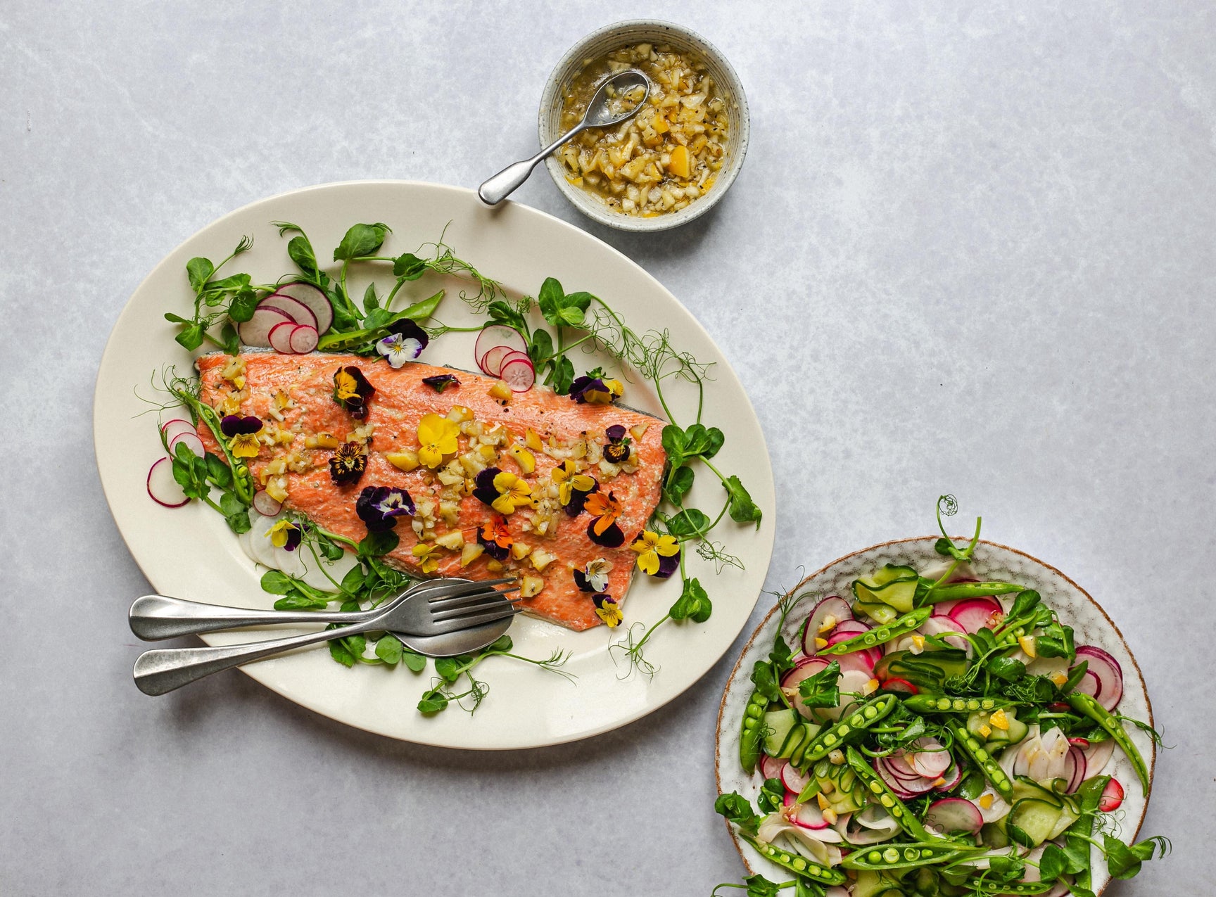 Slow-cooked sockeye salmon, charred citrus dressing and spring salad
