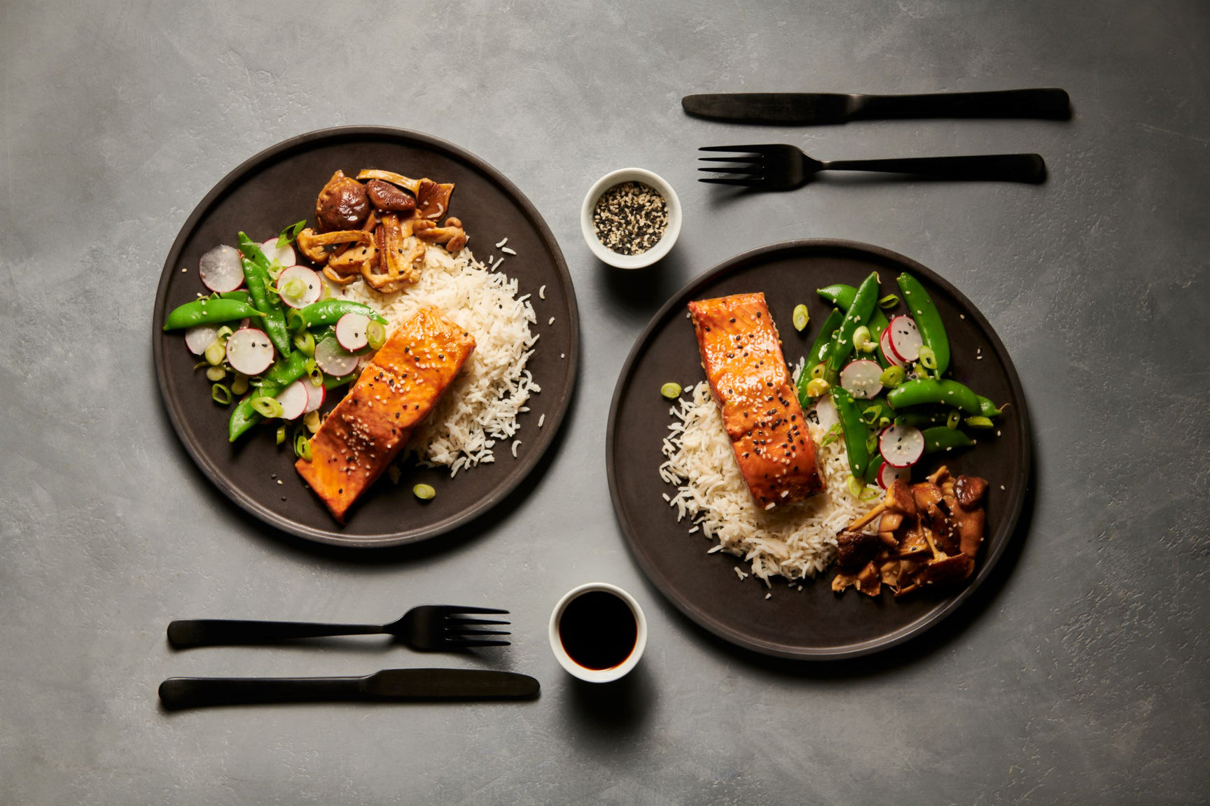 Miso glazed Sockeye Salmon, crunchy sugar snap peas and radish salad