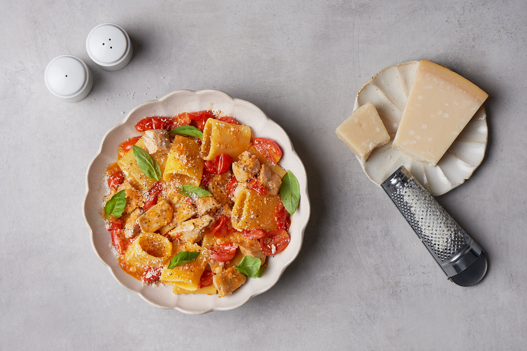 Paccheri pasta with yellowfin tuna and fresh tomatoes