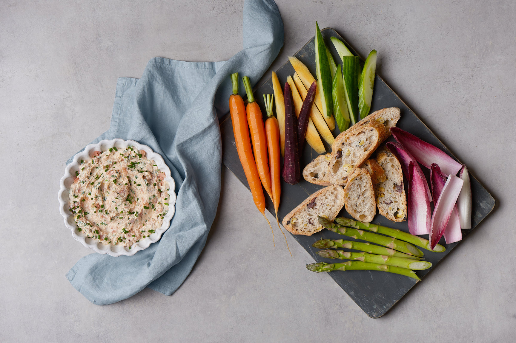 Smoked keta salmon rillettes with crusty bread and crudités