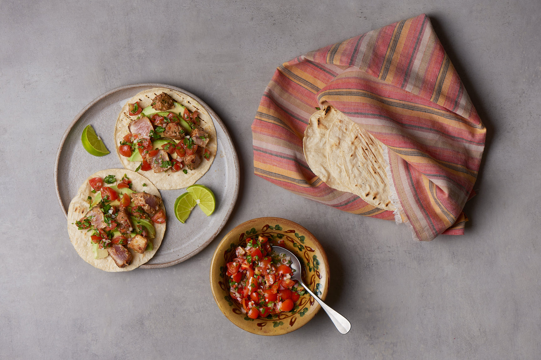 Albacore tuna tacos with avocado and pico de gallo