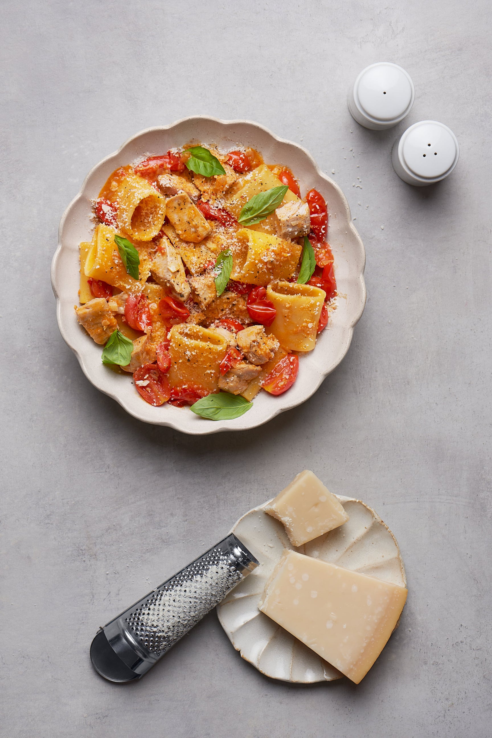 Paccheri pasta with yellowfin tuna and fresh tomatoes